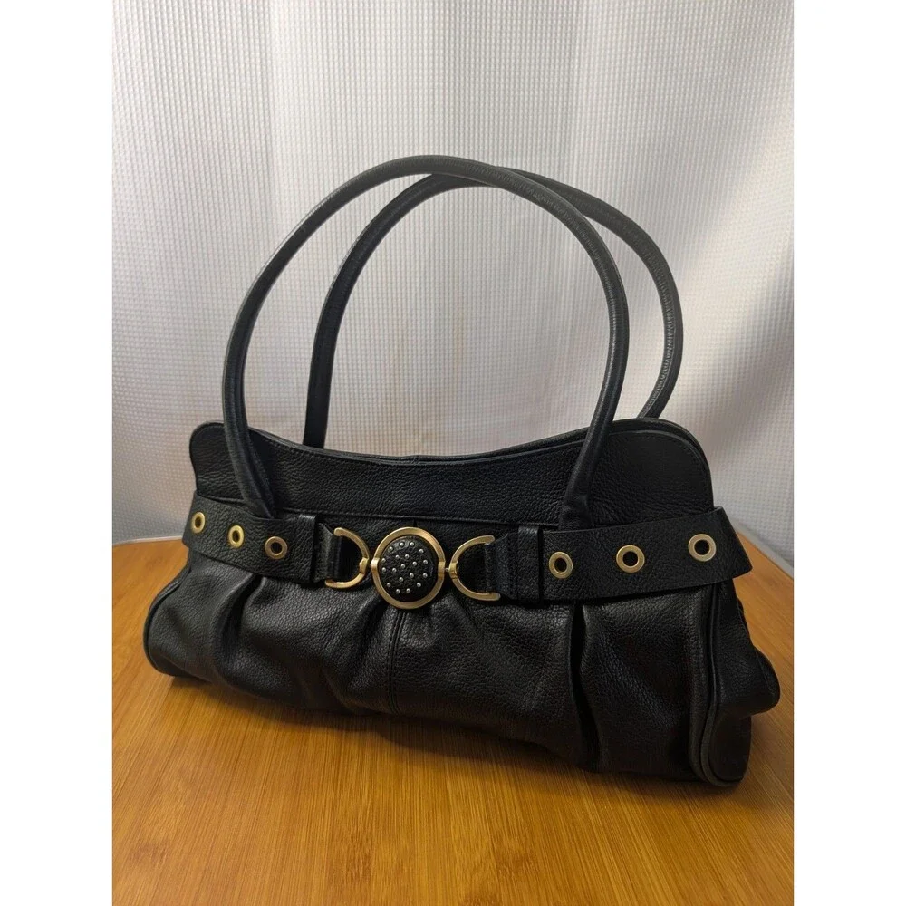 Adrienne Vittadini Black Leather Double Handle Shoulder Purse Hobo Belted (Q10)